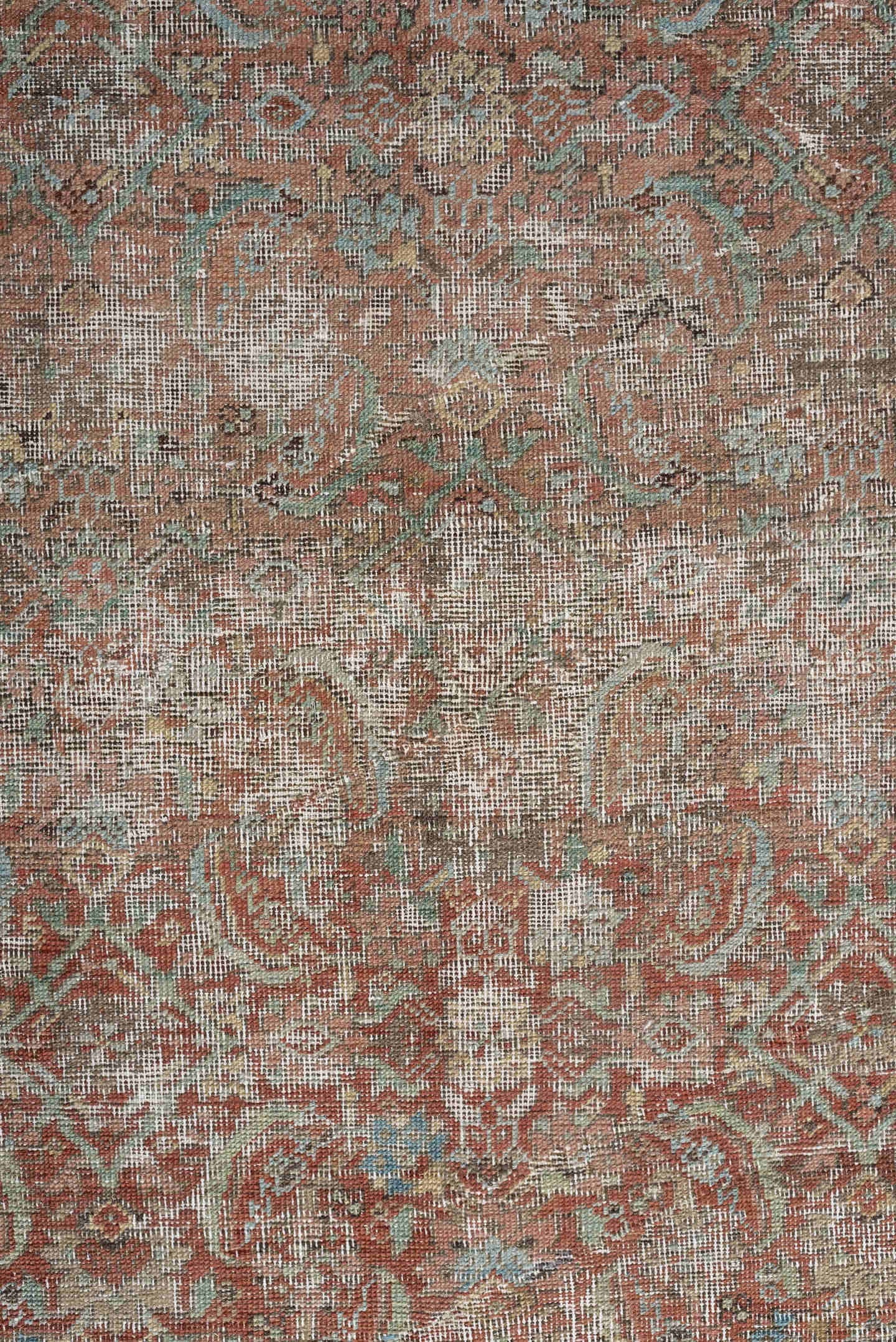 7' x 10' one-of-a-kind handmade vintage Bakhshayesh large size rug. Color palette: terracotta, sky blue, ivory, taupe, rust