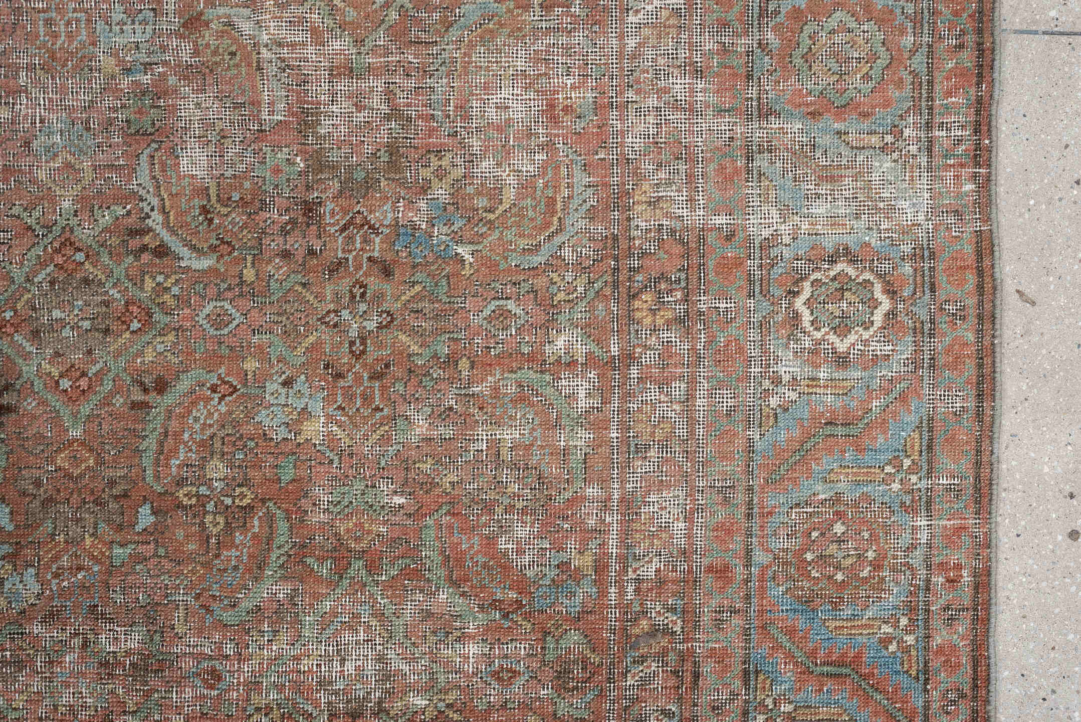 7' x 10' one-of-a-kind handmade vintage Bakhshayesh large size rug. Color palette: terracotta, sky blue, ivory, taupe, rust