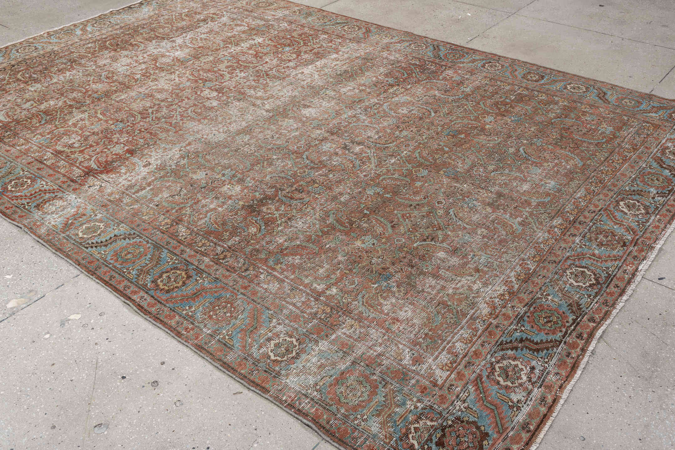 7' x 10' one-of-a-kind handmade vintage Bakhshayesh large size rug. Color palette: terracotta, sky blue, ivory, taupe, rust