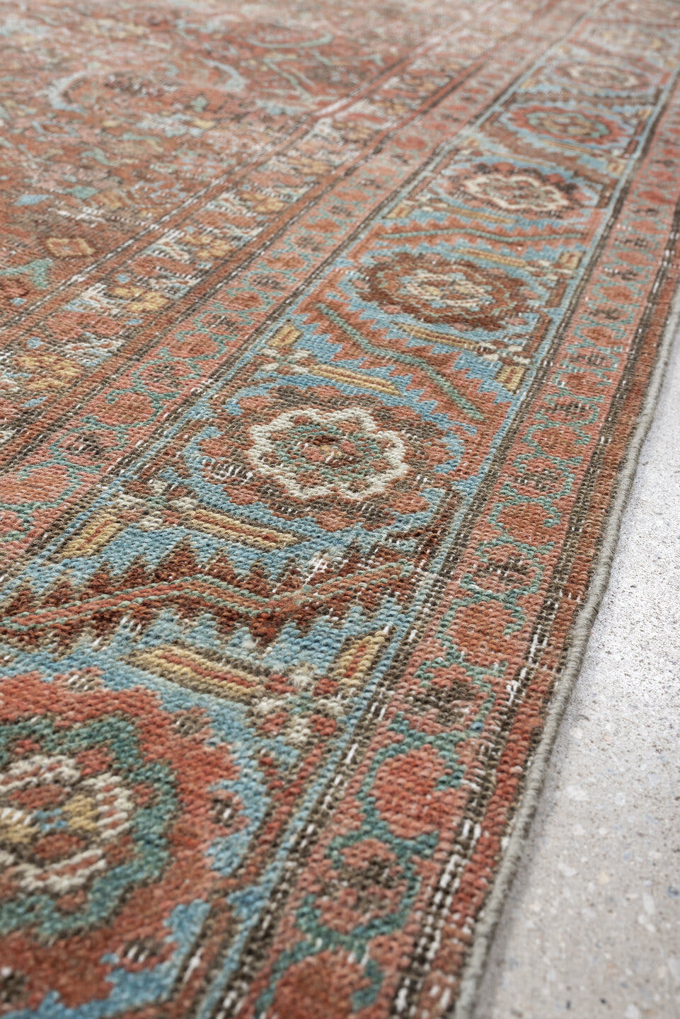 7' x 10' one-of-a-kind handmade vintage Bakhshayesh large size rug. Color palette: terracotta, sky blue, ivory, taupe, rust