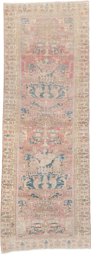 3' x 9' one-of-a-kind handmade vintage Saraband runner rug. Color palette: ivory, blush, muted blue, taupe, sage, rose