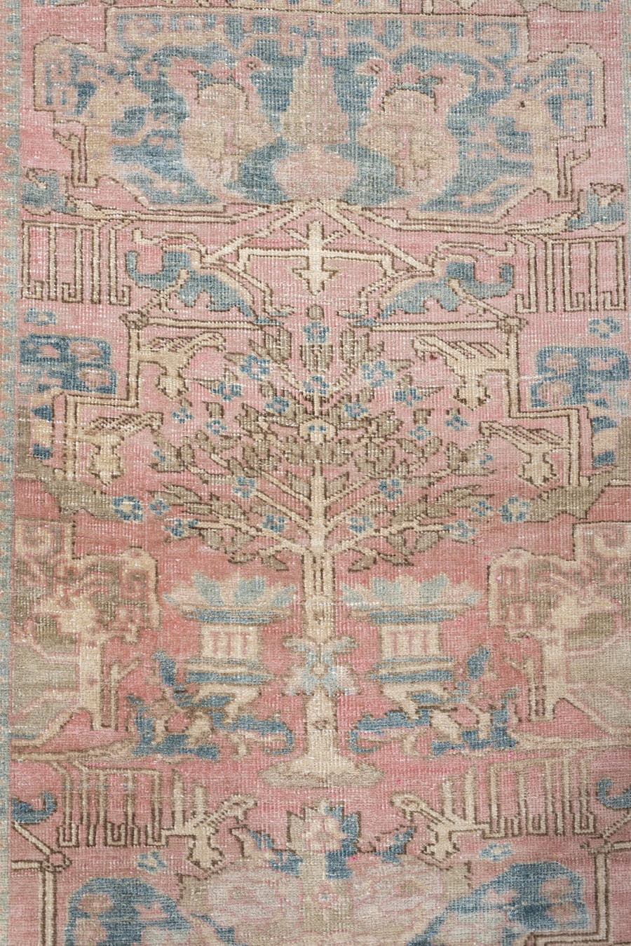 3' x 9' one-of-a-kind handmade vintage Saraband runner rug. Color palette: ivory, blush, muted blue, taupe, sage, rose