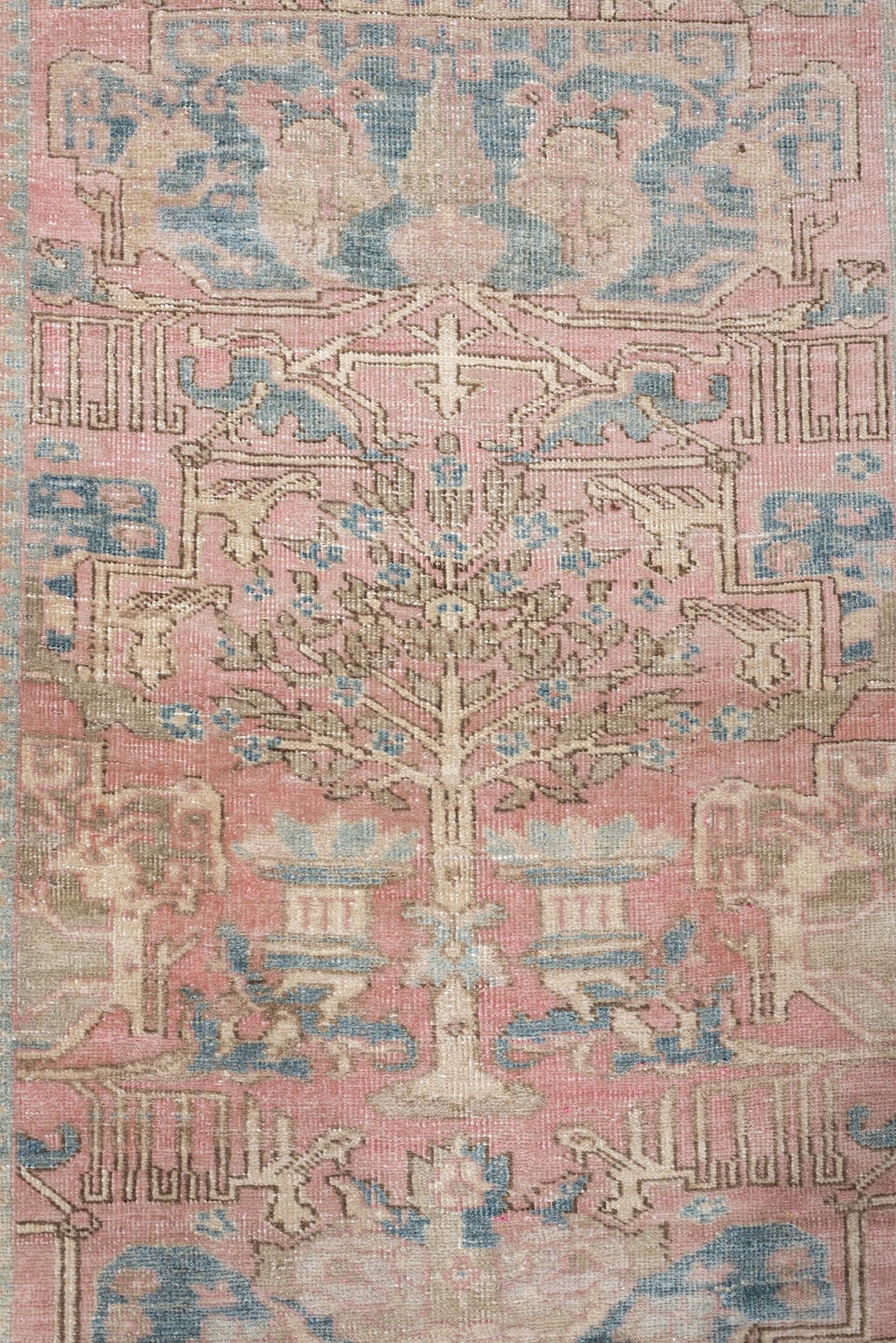 3' x 9' one-of-a-kind handmade vintage Saraband runner rug. Color palette: ivory, blush, muted blue, taupe, sage, rose