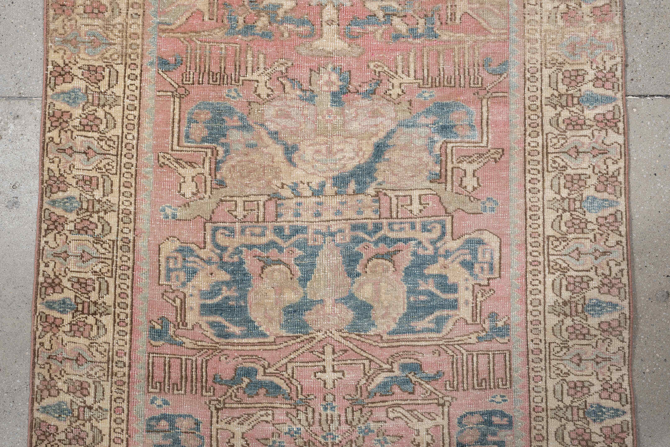 3' x 9' one-of-a-kind handmade vintage Saraband runner rug. Color palette: ivory, blush, muted blue, taupe, sage, rose