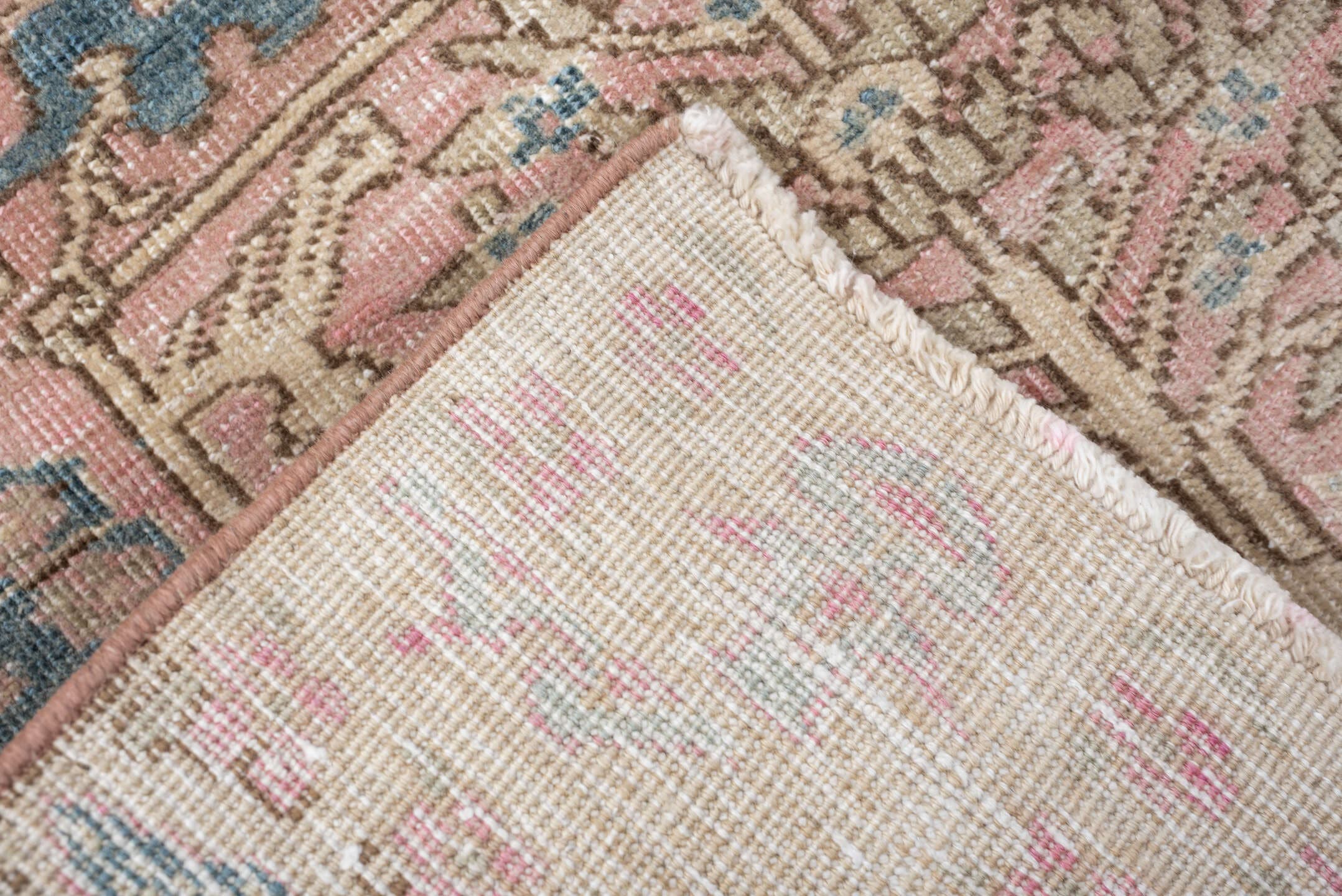 3' x 9' one-of-a-kind handmade vintage Saraband runner rug. Color palette: ivory, blush, muted blue, taupe, sage, rose