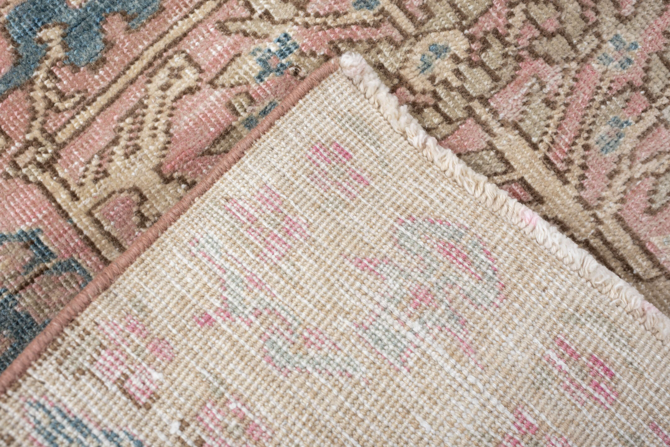 3' x 9' one-of-a-kind handmade vintage Saraband runner rug. Color palette: ivory, blush, muted blue, taupe, sage, rose