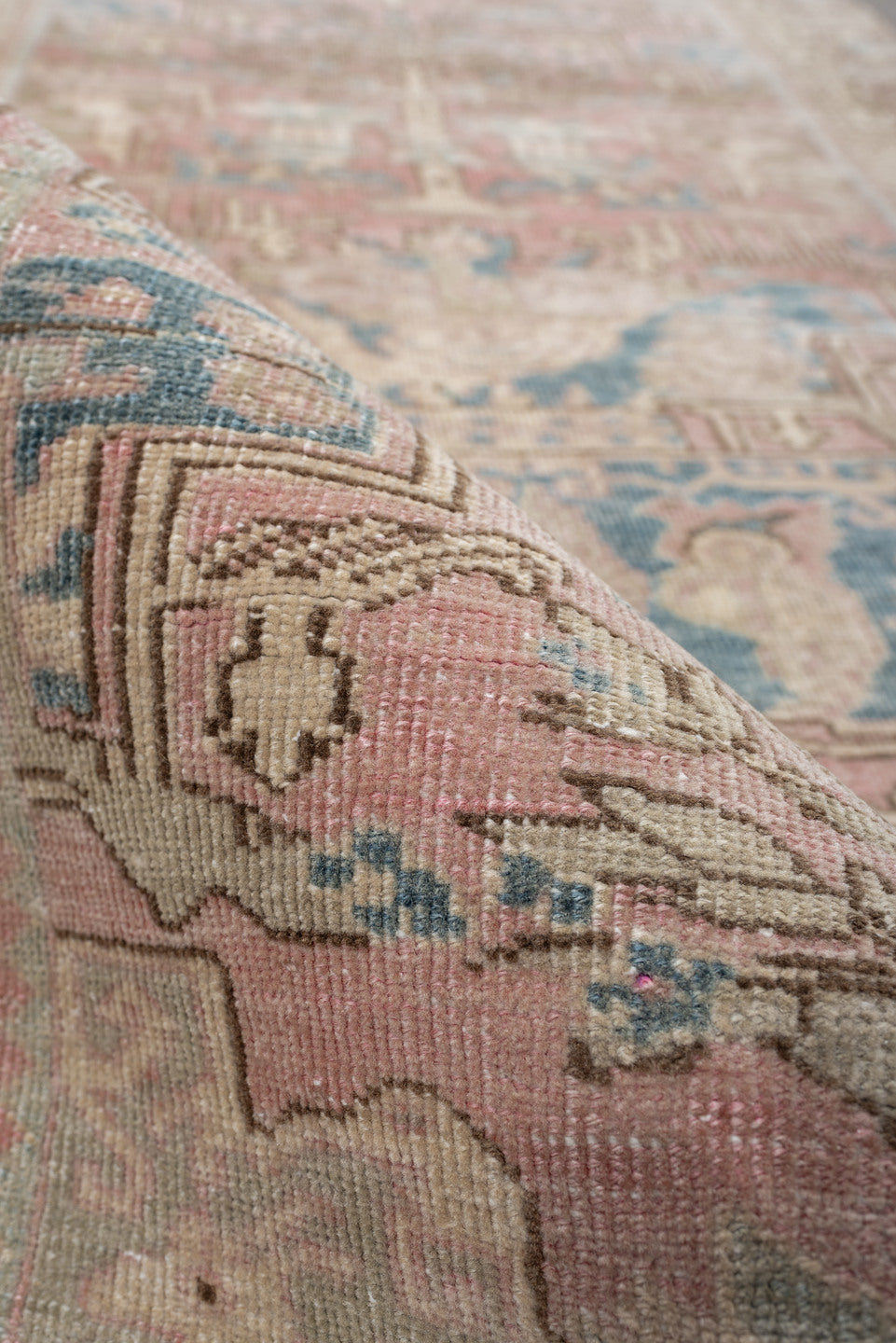 3' x 9' one-of-a-kind handmade vintage Saraband runner rug. Color palette: ivory, blush, muted blue, taupe, sage, rose