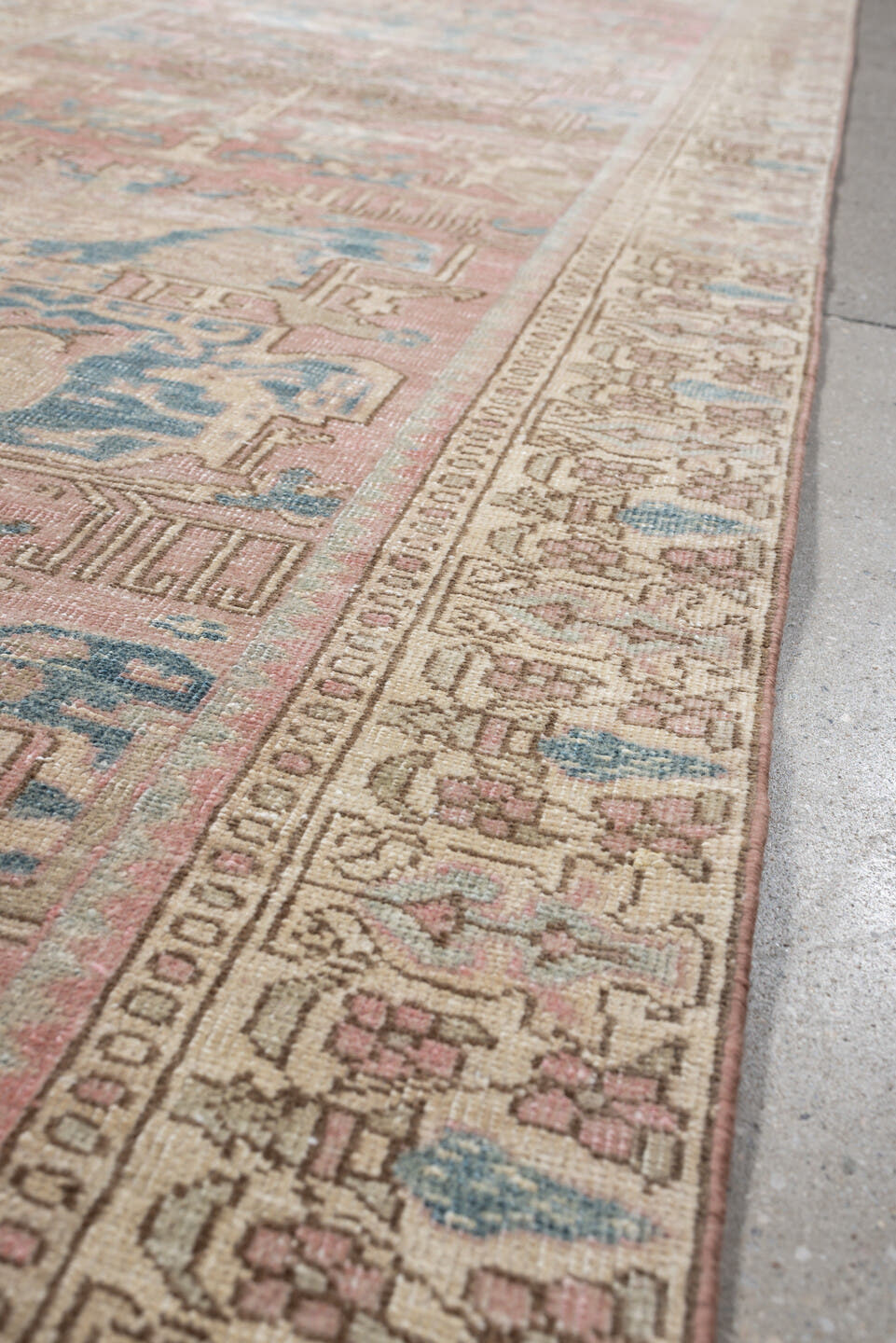 3' x 9' one-of-a-kind handmade vintage Saraband runner rug. Color palette: ivory, blush, muted blue, taupe, sage, rose