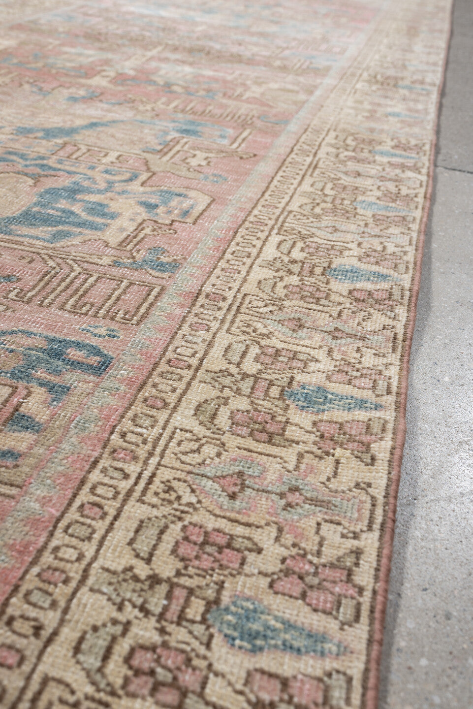 3' x 9' one-of-a-kind handmade vintage Saraband runner rug. Color palette: ivory, blush, muted blue, taupe, sage, rose