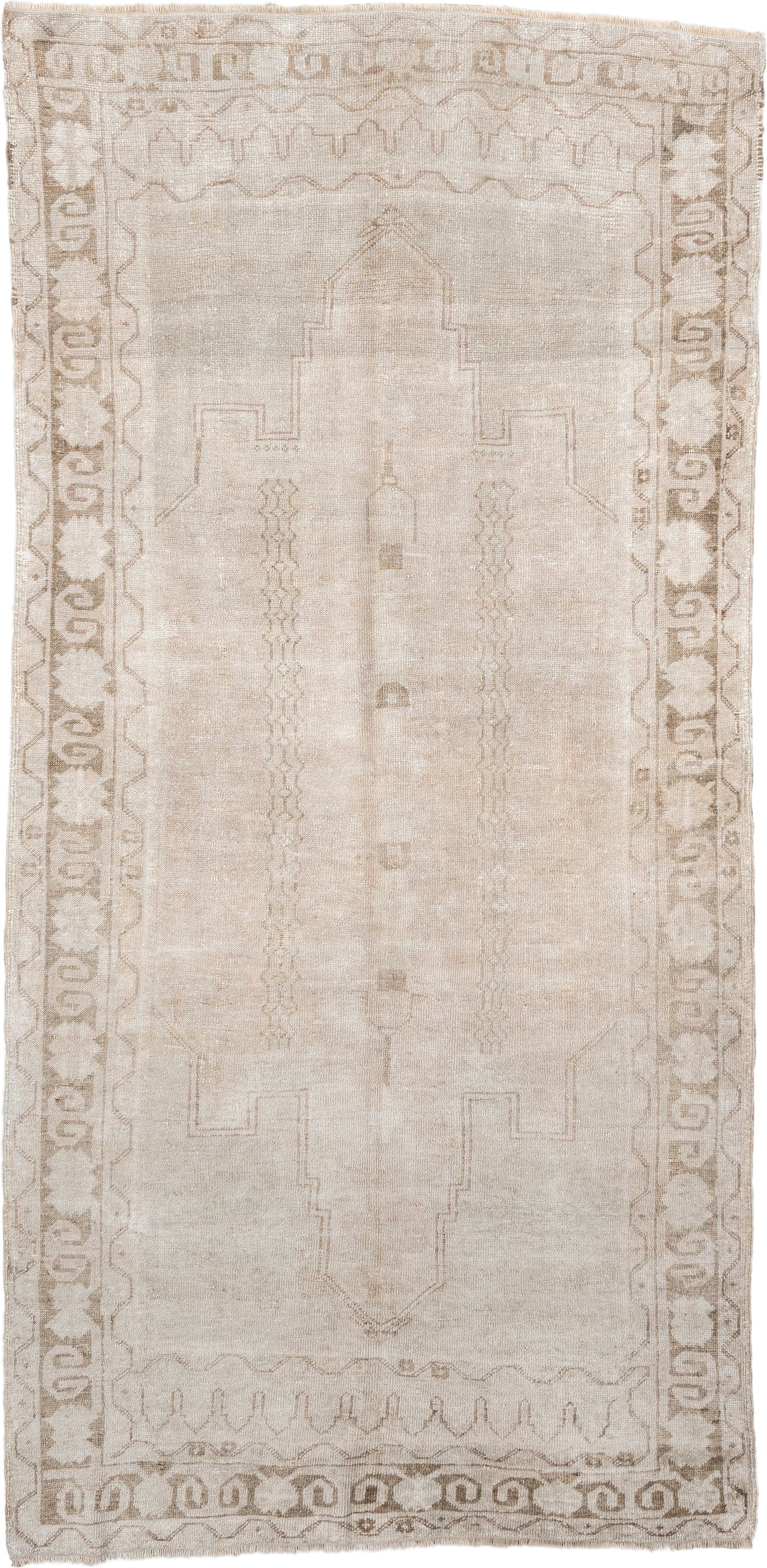 4' x 8' one-of-a-kind handmade vintage Anatolian runner rug. Color palette: ivory, taupe, beige, sand, light brown, gray