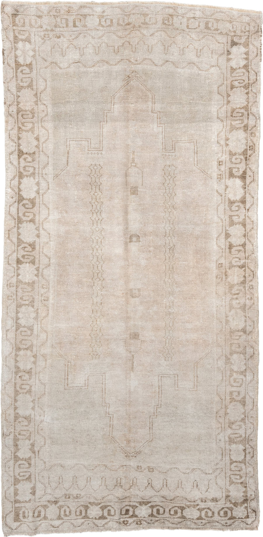 4' x 8' one-of-a-kind handmade vintage Anatolian runner rug. Color palette: ivory, taupe, beige, sand, light brown, gray