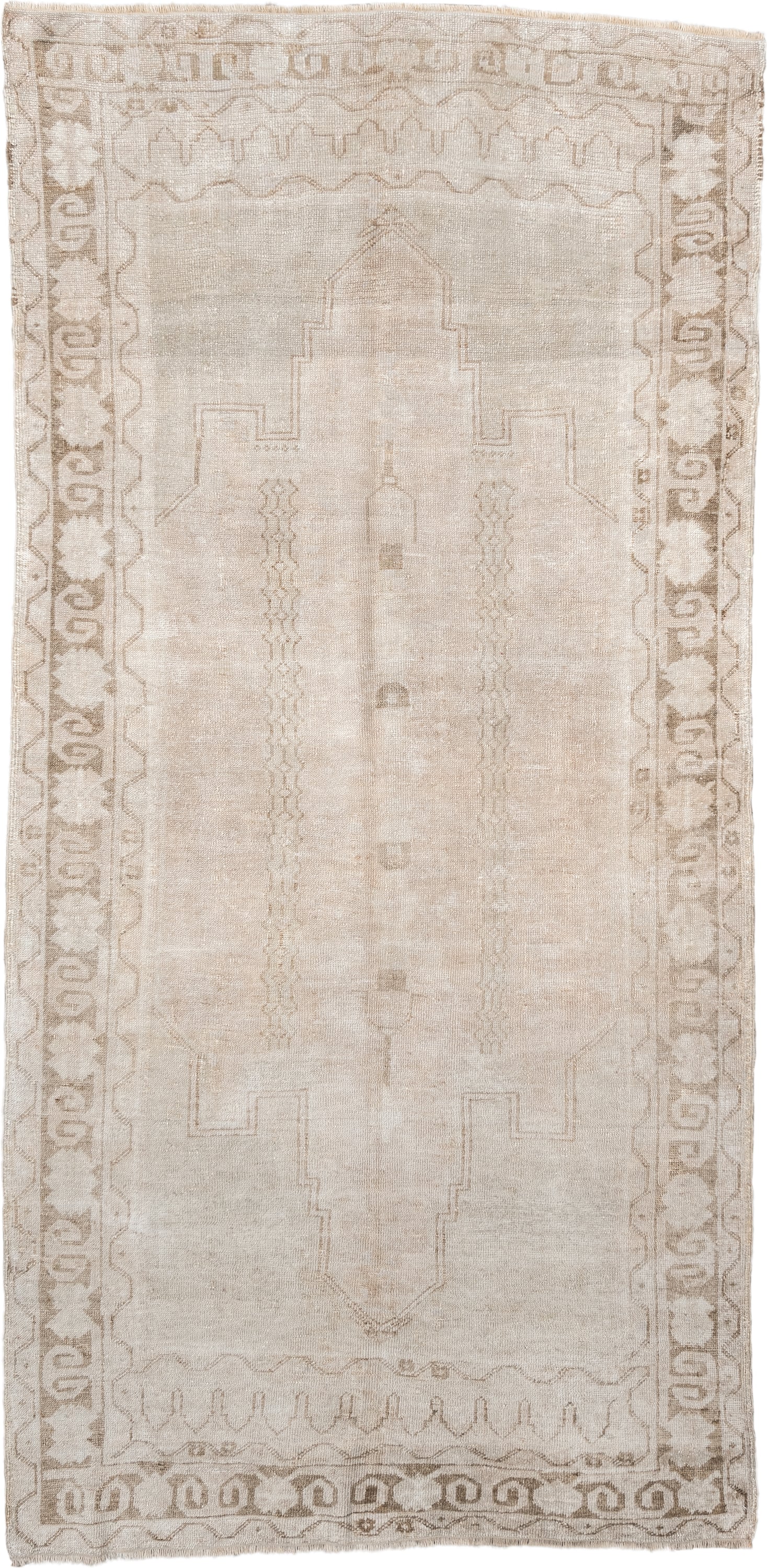 4' x 8' one-of-a-kind handmade vintage Anatolian runner rug. Color palette: ivory, taupe, beige, sand, light brown, gray