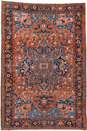 8' x 12' one-of-a-kind handmade vintage Heriz large size rug. Color palette: terracotta, navy, sky blue, ivory, camel, rust