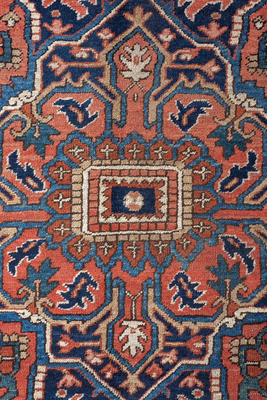 8' x 12' one-of-a-kind handmade vintage Heriz large size rug. Color palette: terracotta, navy, sky blue, ivory, camel, rust