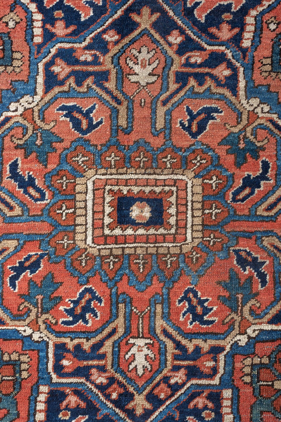 8' x 12' one-of-a-kind handmade vintage Heriz large size rug. Color palette: terracotta, navy, sky blue, ivory, camel, rust