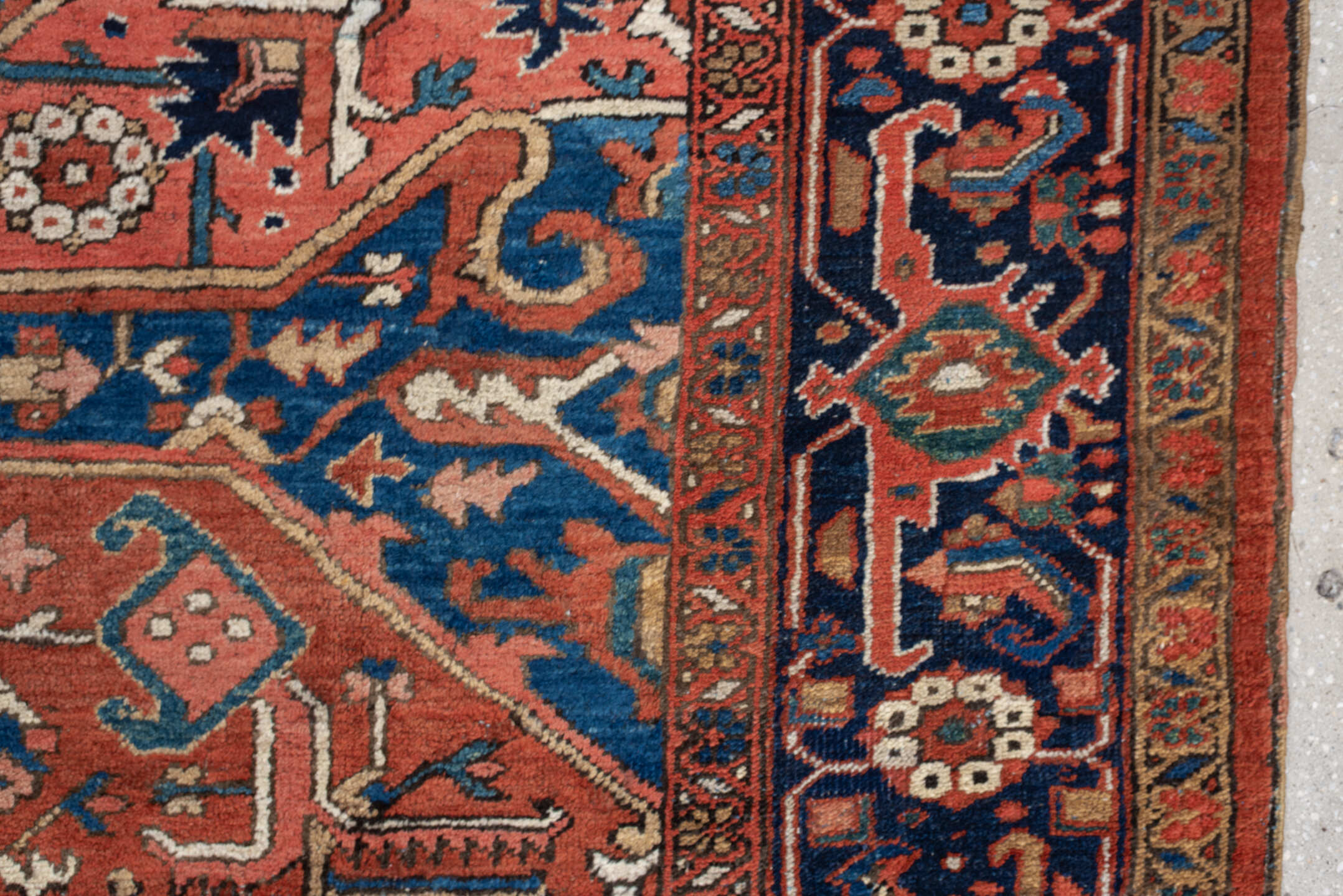 8' x 12' one-of-a-kind handmade vintage Heriz large size rug. Color palette: terracotta, navy, sky blue, ivory, camel, rust