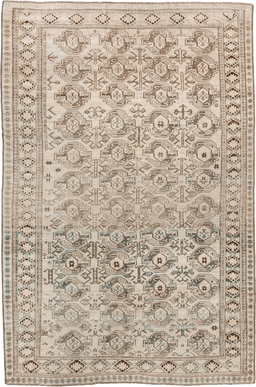 6' x 8' one-of-a-kind handmade vintage Belouch medium size rug. Color palette: ivory, taupe, brown, camel, pale blue, beige
