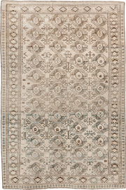 6' x 8' one-of-a-kind handmade vintage Belouch medium size rug. Color palette: ivory, taupe, brown, camel, pale blue, beige