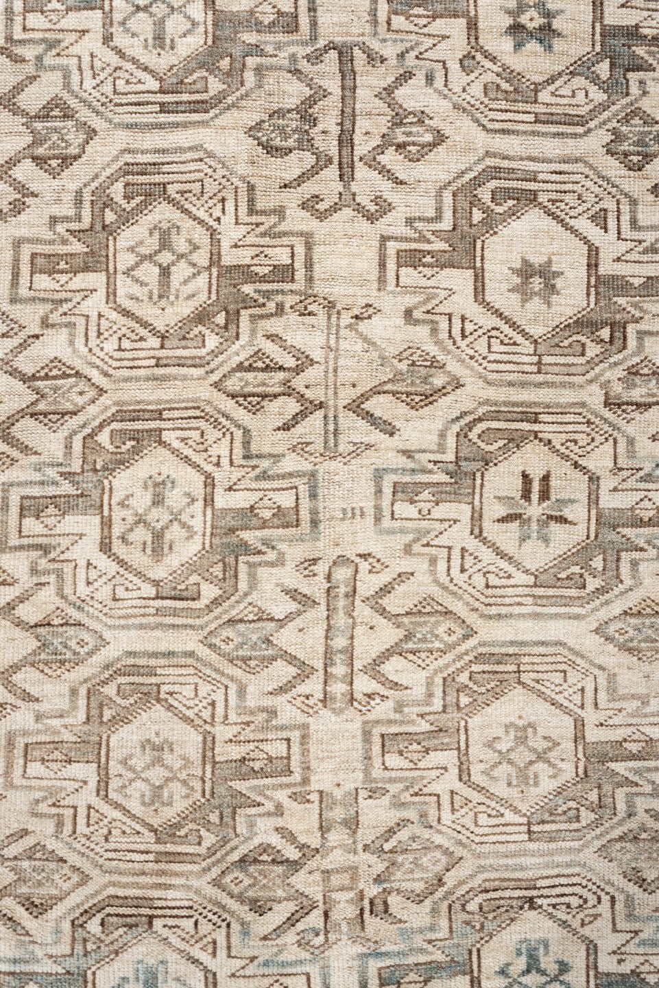 6' x 8' one-of-a-kind handmade vintage Belouch medium size rug. Color palette: ivory, taupe, brown, camel, pale blue, beige