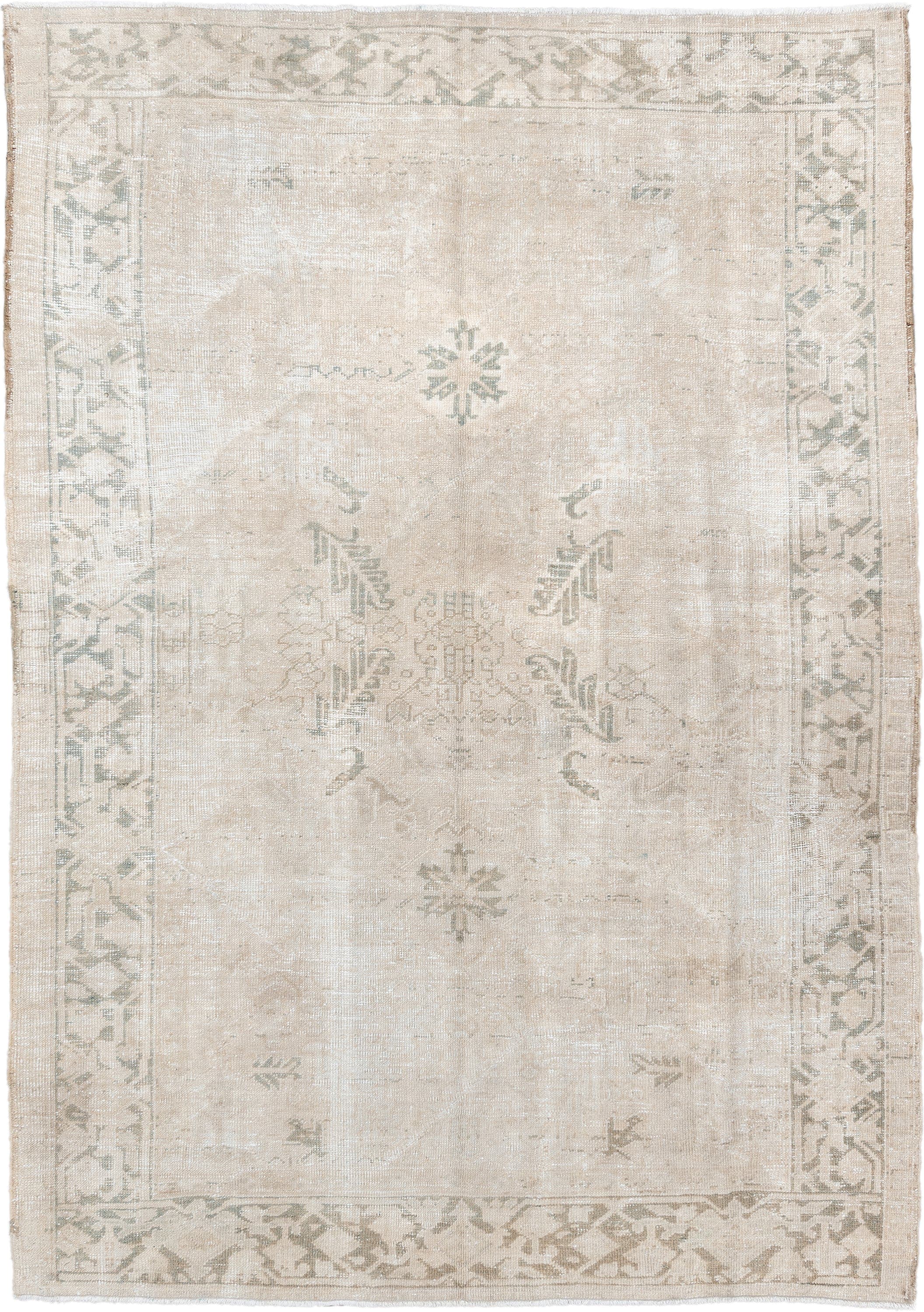 6' x 8' one-of-a-kind handmade vintage Heriz medium size rug. Color palette: ivory, cream, taupe, sage, beige, light gray