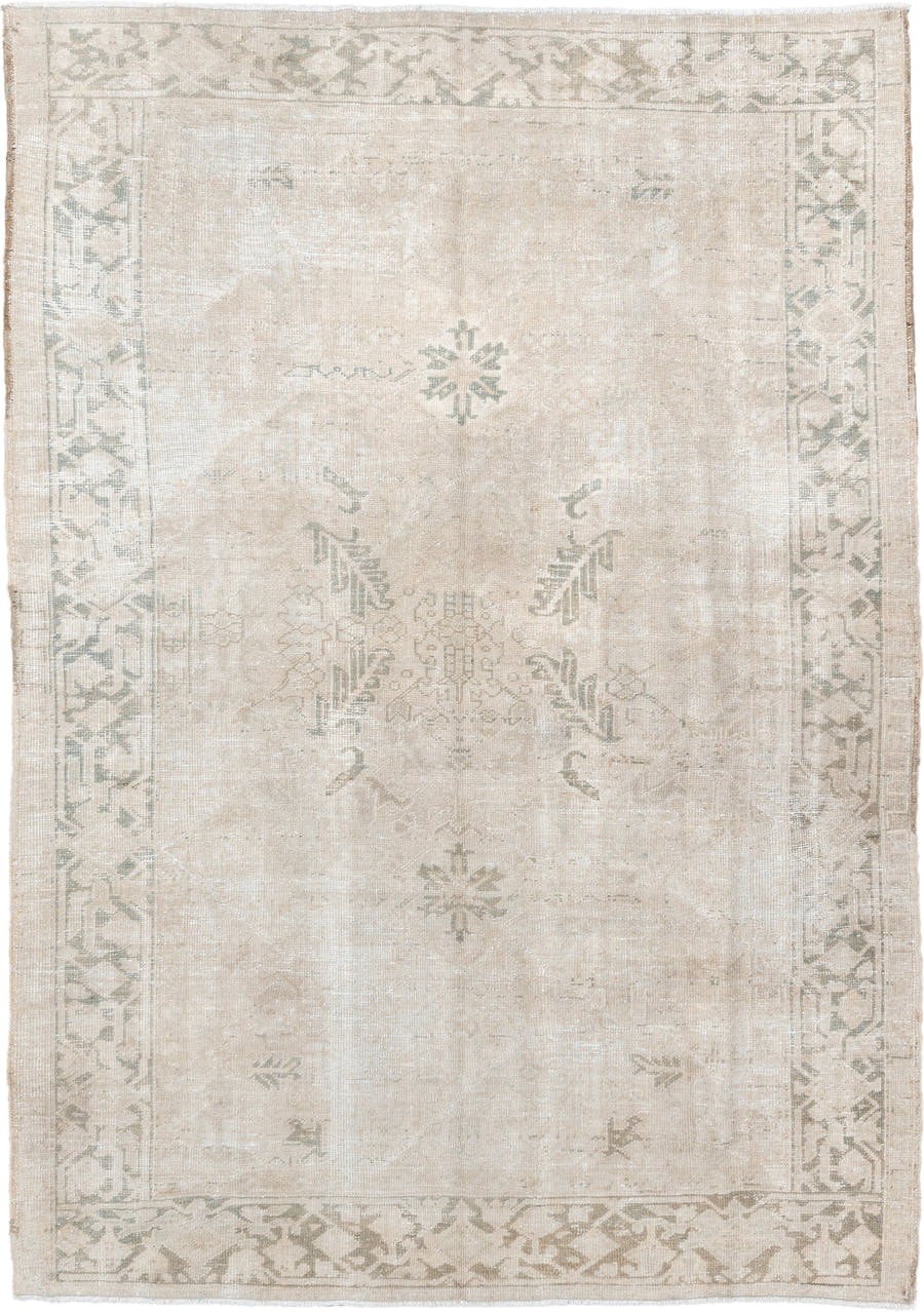 6' x 8' one-of-a-kind handmade vintage Heriz medium size rug. Color palette: ivory, cream, taupe, sage, beige, light gray