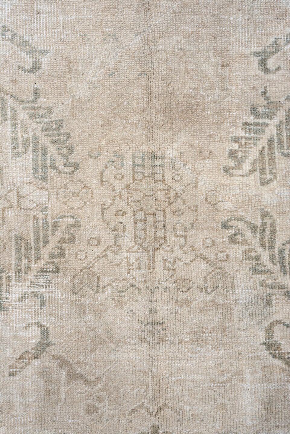 6' x 8' one-of-a-kind handmade vintage Heriz medium size rug. Color palette: ivory, cream, taupe, sage, beige, light gray