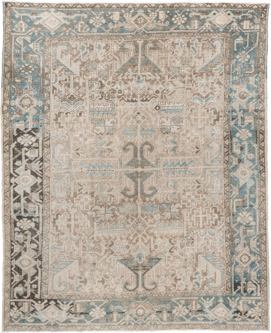 7' x 8' one-of-a-kind handmade vintage Heriz rug. Color palette: ivory, sky blue, taupe, charcoal, beige, brown, light blue