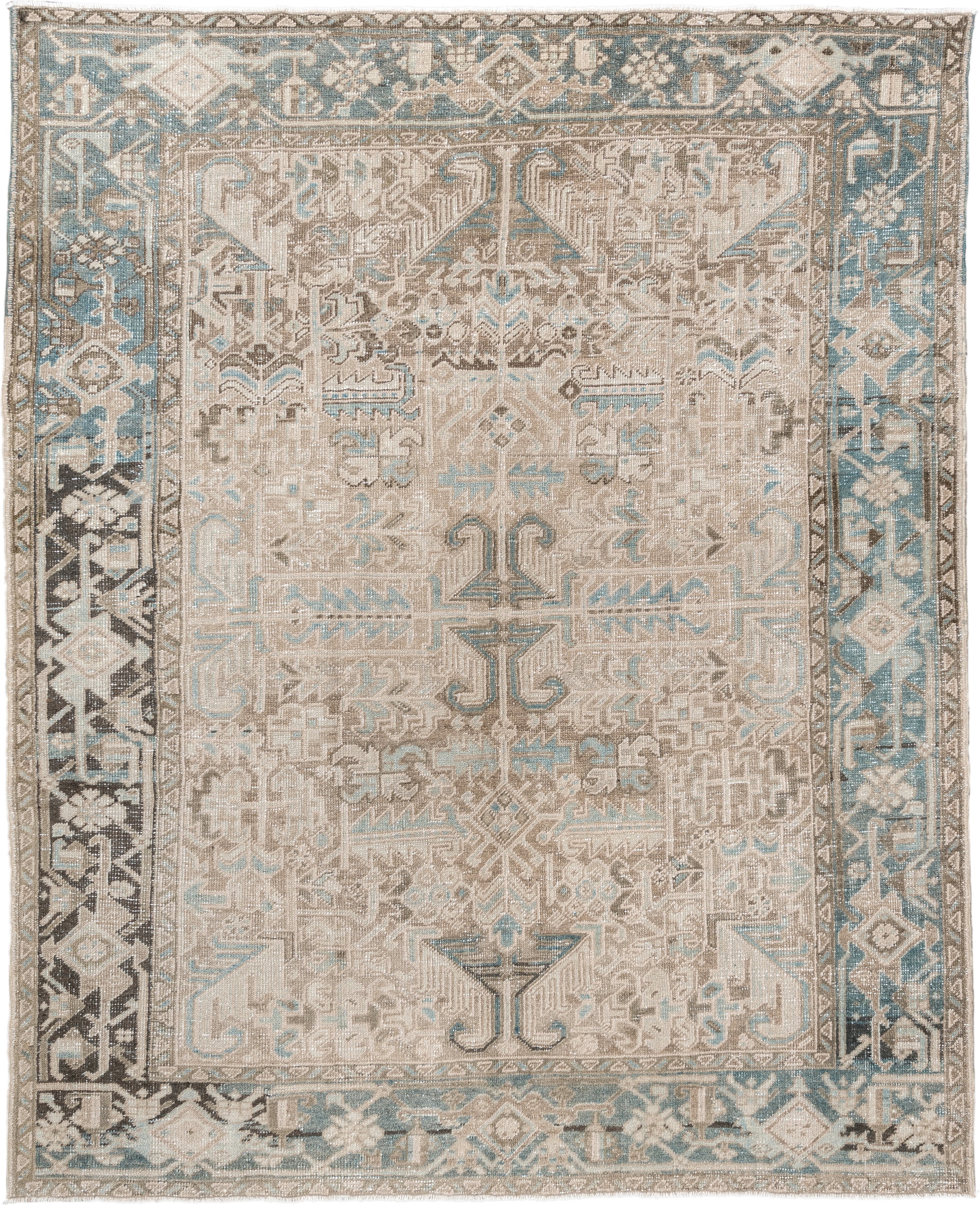 7' x 8' one-of-a-kind handmade vintage Heriz rug. Color palette: ivory, sky blue, taupe, charcoal, beige, brown, light blue