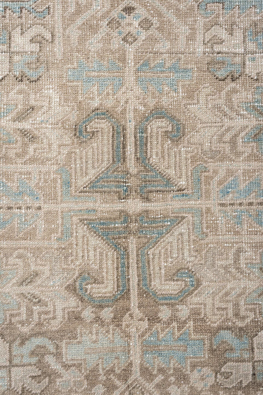 7' x 8' one-of-a-kind handmade vintage Heriz rug. Color palette: ivory, sky blue, taupe, charcoal, beige, brown, light blue