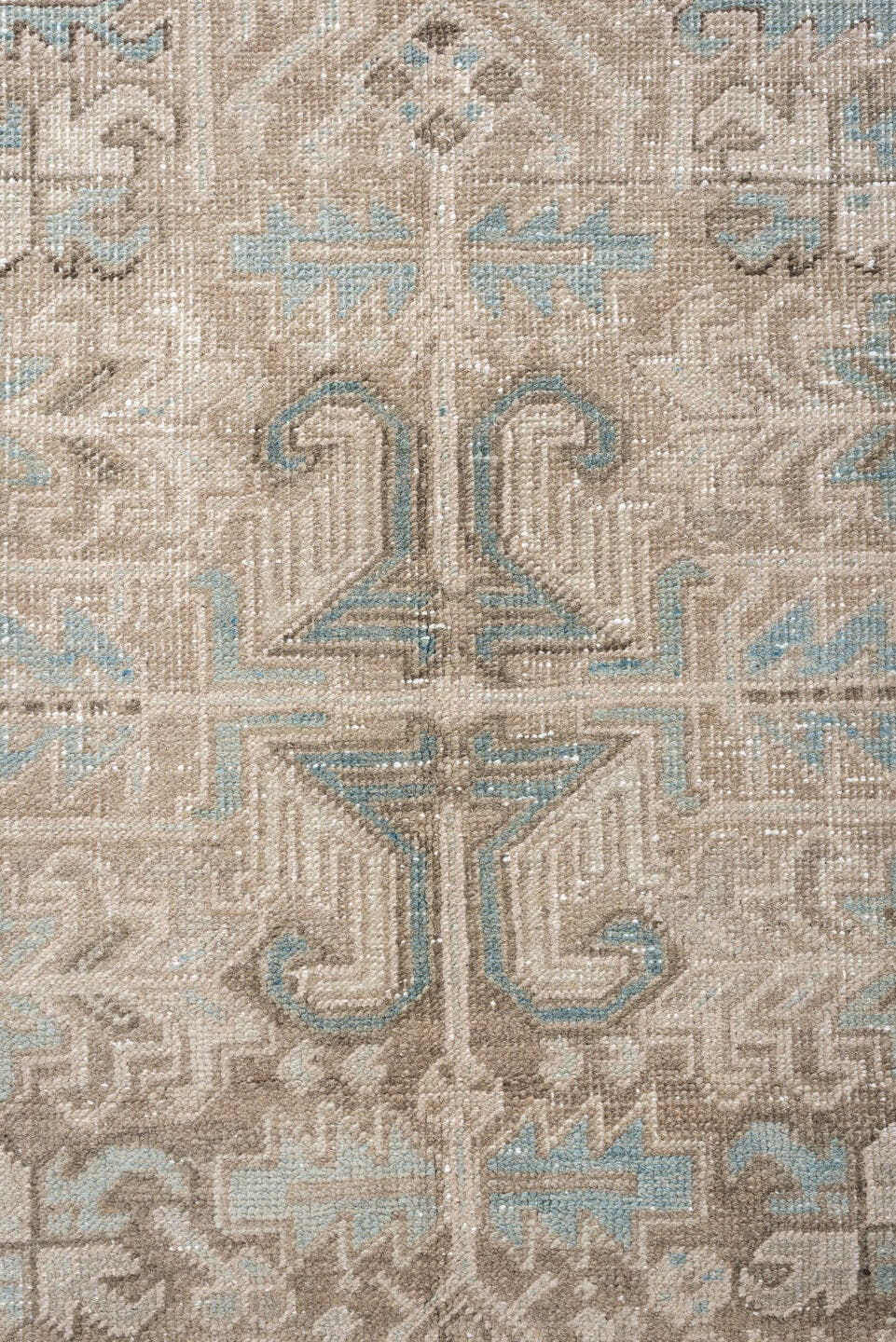 7' x 8' one-of-a-kind handmade vintage Heriz rug. Color palette: ivory, sky blue, taupe, charcoal, beige, brown, light blue