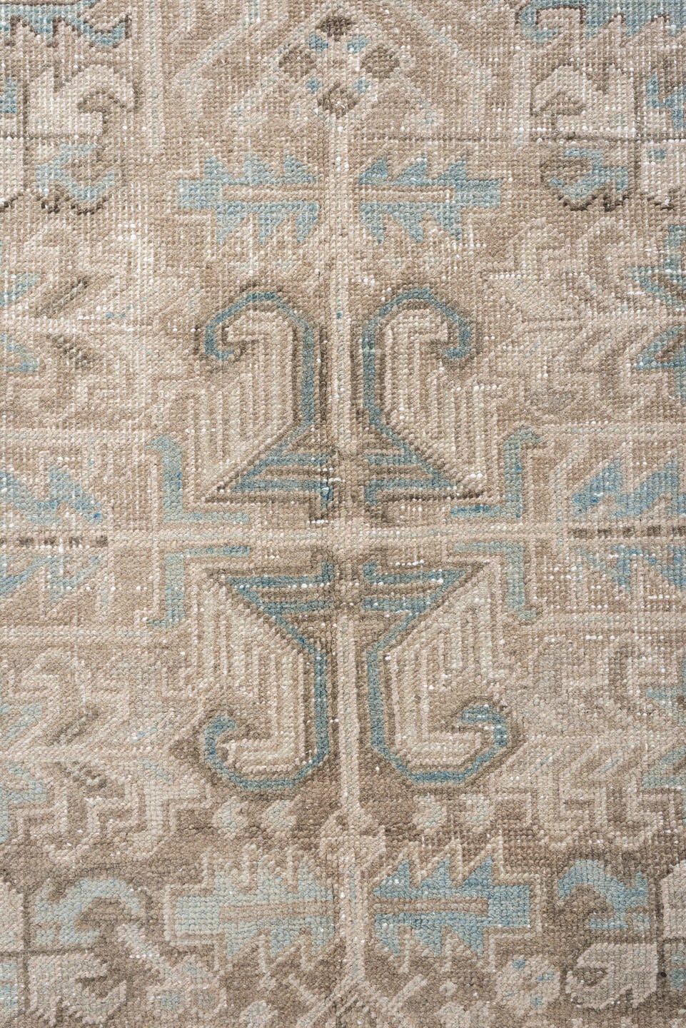 7' x 8' one-of-a-kind handmade vintage Heriz rug. Color palette: ivory, sky blue, taupe, charcoal, beige, brown, light blue