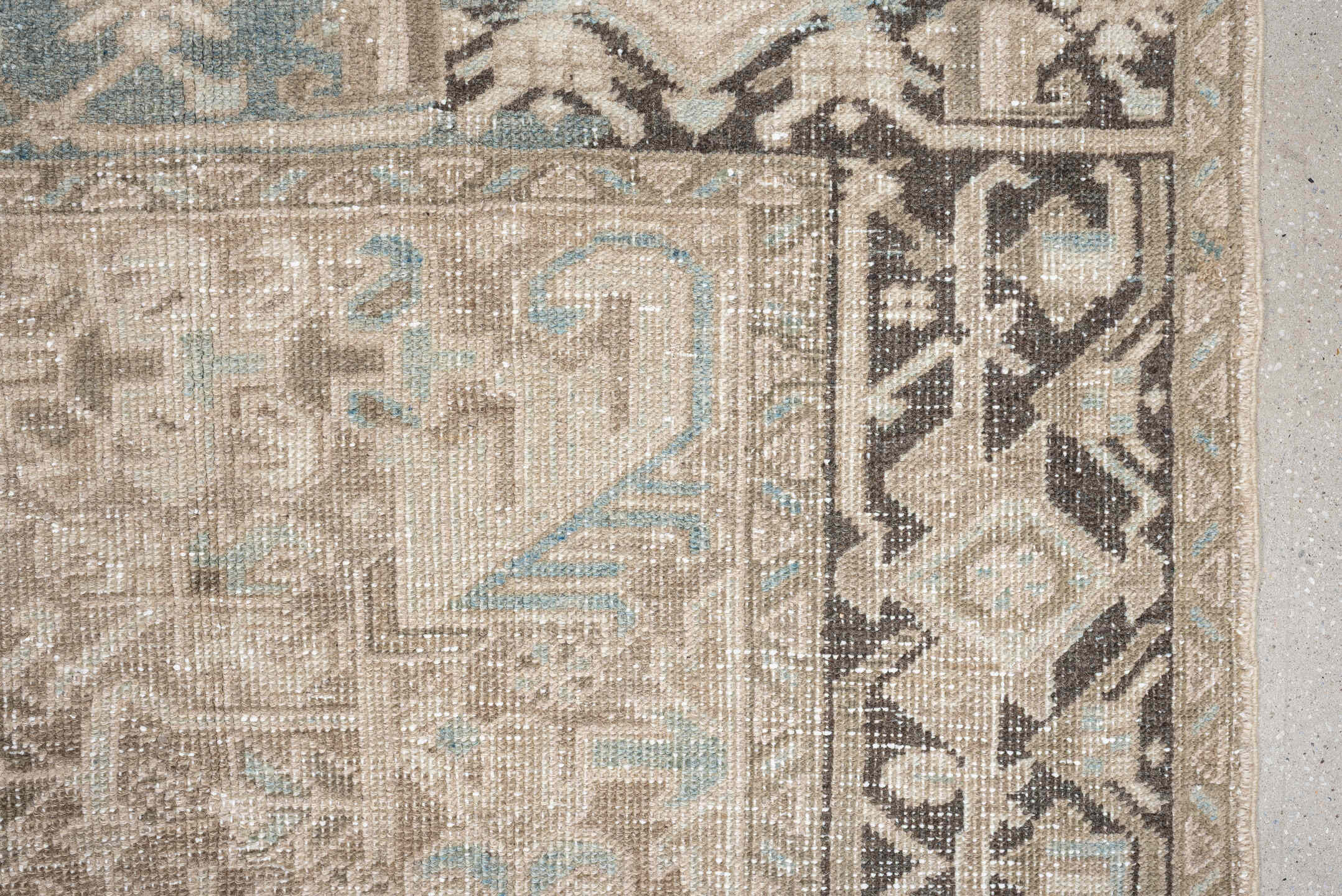 7' x 8' one-of-a-kind handmade vintage Heriz rug. Color palette: ivory, sky blue, taupe, charcoal, beige, brown, light blue
