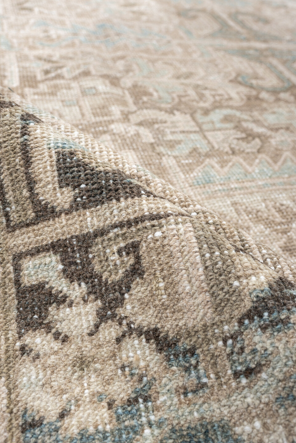 7' x 8' one-of-a-kind handmade vintage Heriz rug. Color palette: ivory, sky blue, taupe, charcoal, beige, brown, light blue