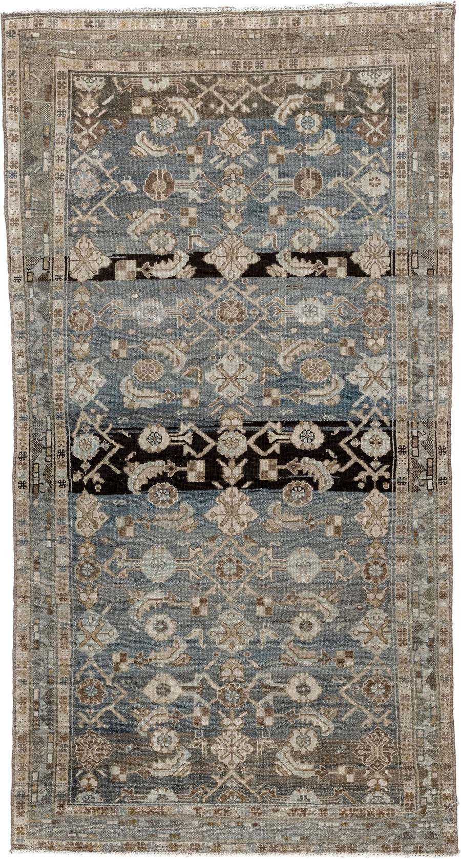 3' x 6' one-of-a-kind handmade antique Malayer rug. Color palette: blue gray, ivory, taupe, ebony, brown, slate, camel, gray