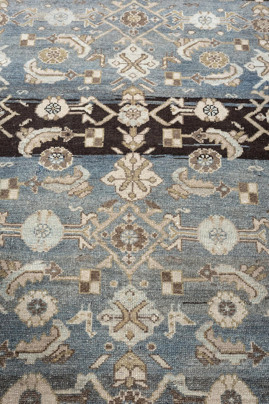 3' x 6' one-of-a-kind handmade antique Malayer rug. Color palette: blue gray, ivory, taupe, ebony, brown, slate, camel, gray