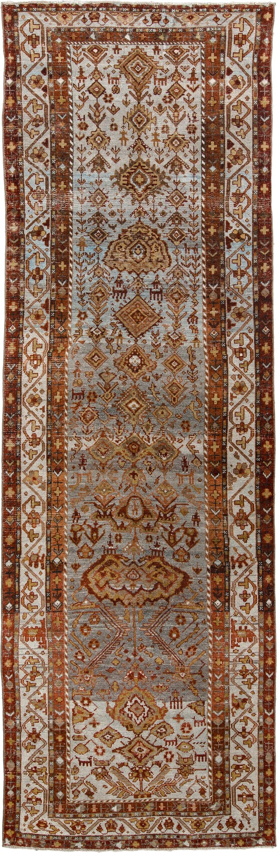 3' x 11' one-of-a-kind handmade antique Malayer runner rug. Color palette: ivory, rust, blue gray, terracotta, camel, brown