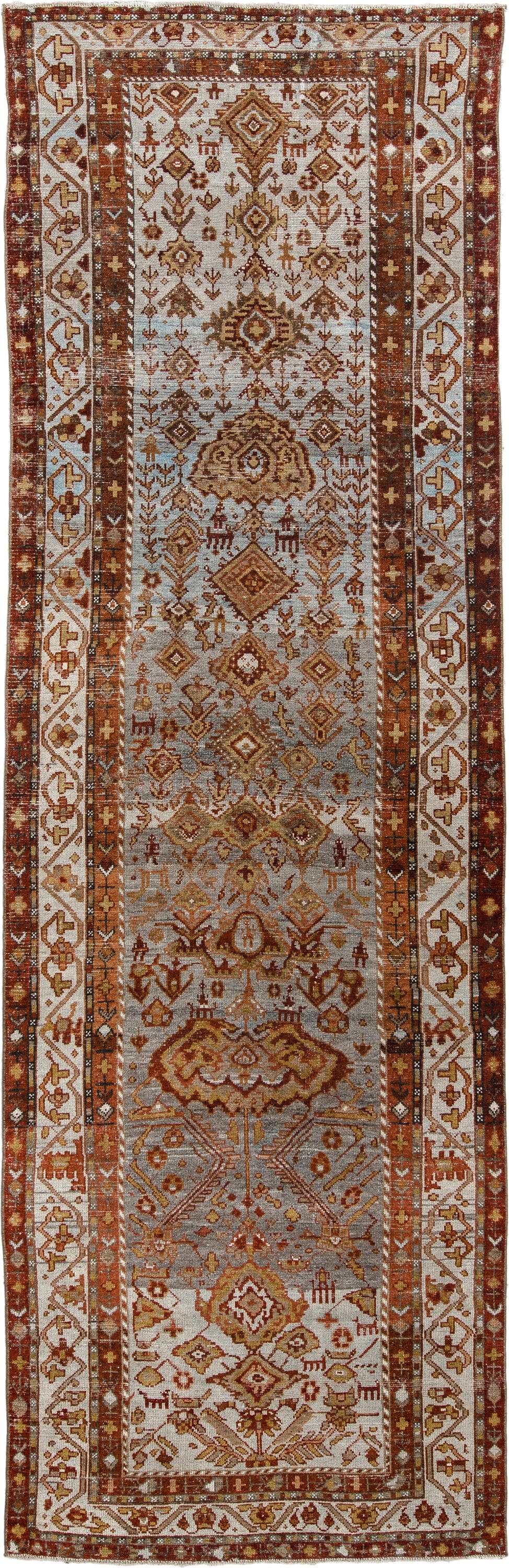 3' x 11' one-of-a-kind handmade antique Malayer runner rug. Color palette: ivory, rust, blue gray, terracotta, camel, brown