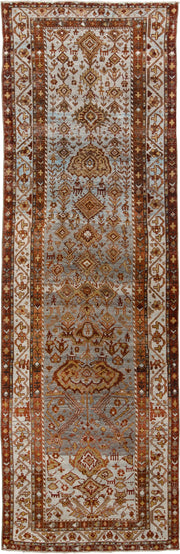 3' x 11' one-of-a-kind handmade antique Malayer runner rug. Color palette: ivory, rust, blue gray, terracotta, camel, brown