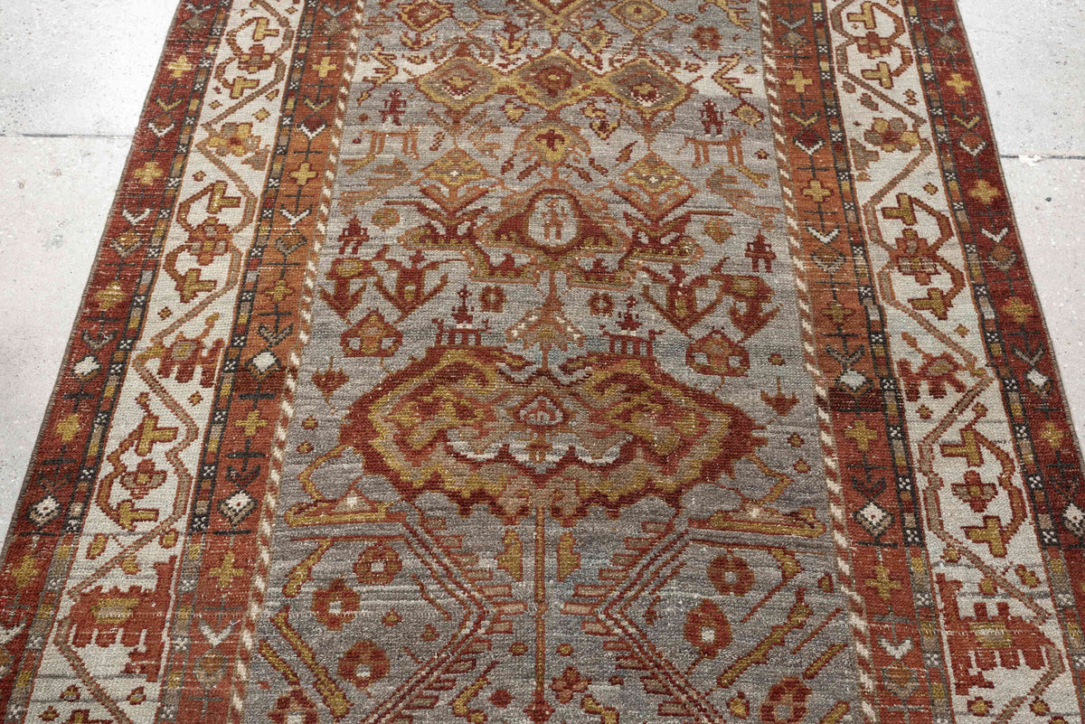 3' x 11' one-of-a-kind handmade antique Malayer runner rug. Color palette: ivory, rust, blue gray, terracotta, camel, brown