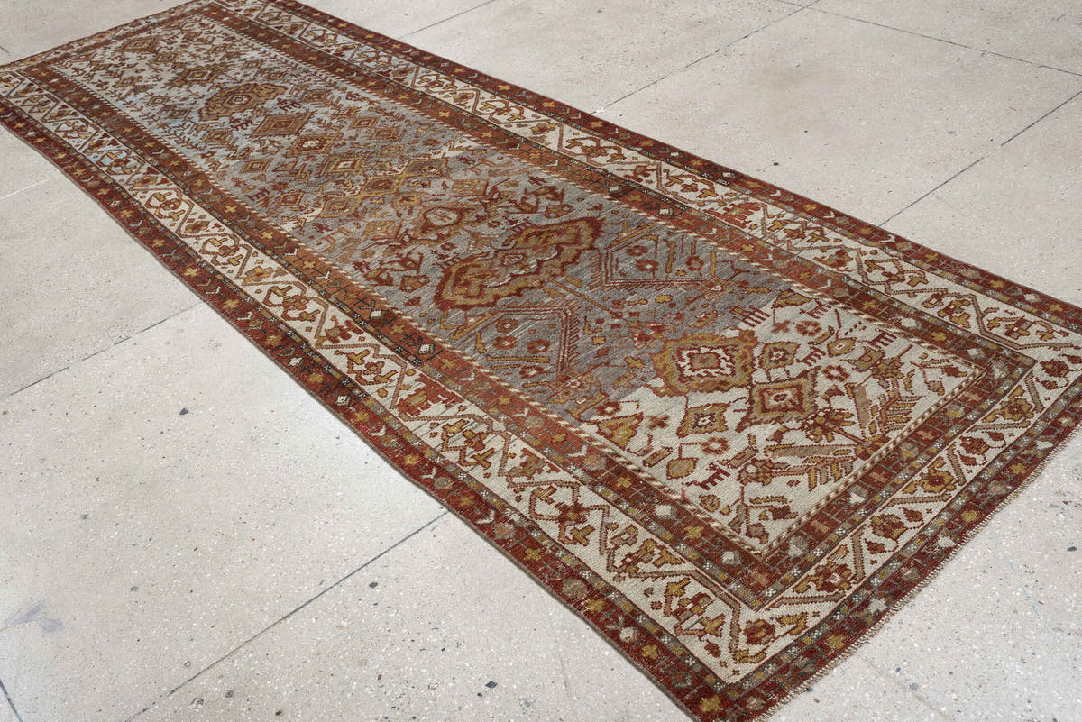3' x 11' one-of-a-kind handmade antique Malayer runner rug. Color palette: ivory, rust, blue gray, terracotta, camel, brown