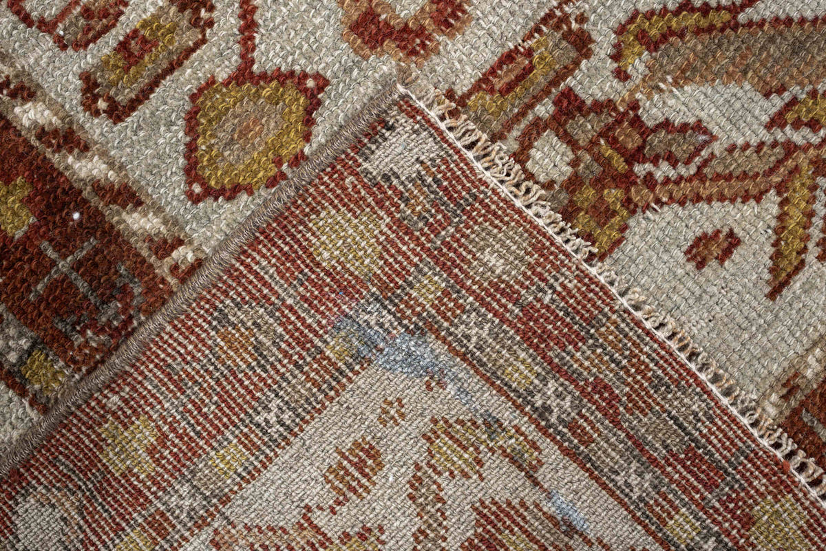 3' x 11' one-of-a-kind handmade antique Malayer runner rug. Color palette: ivory, rust, blue gray, terracotta, camel, brown