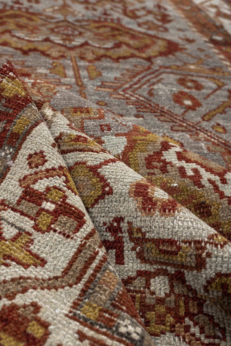 3' x 11' one-of-a-kind handmade antique Malayer runner rug. Color palette: ivory, rust, blue gray, terracotta, camel, brown