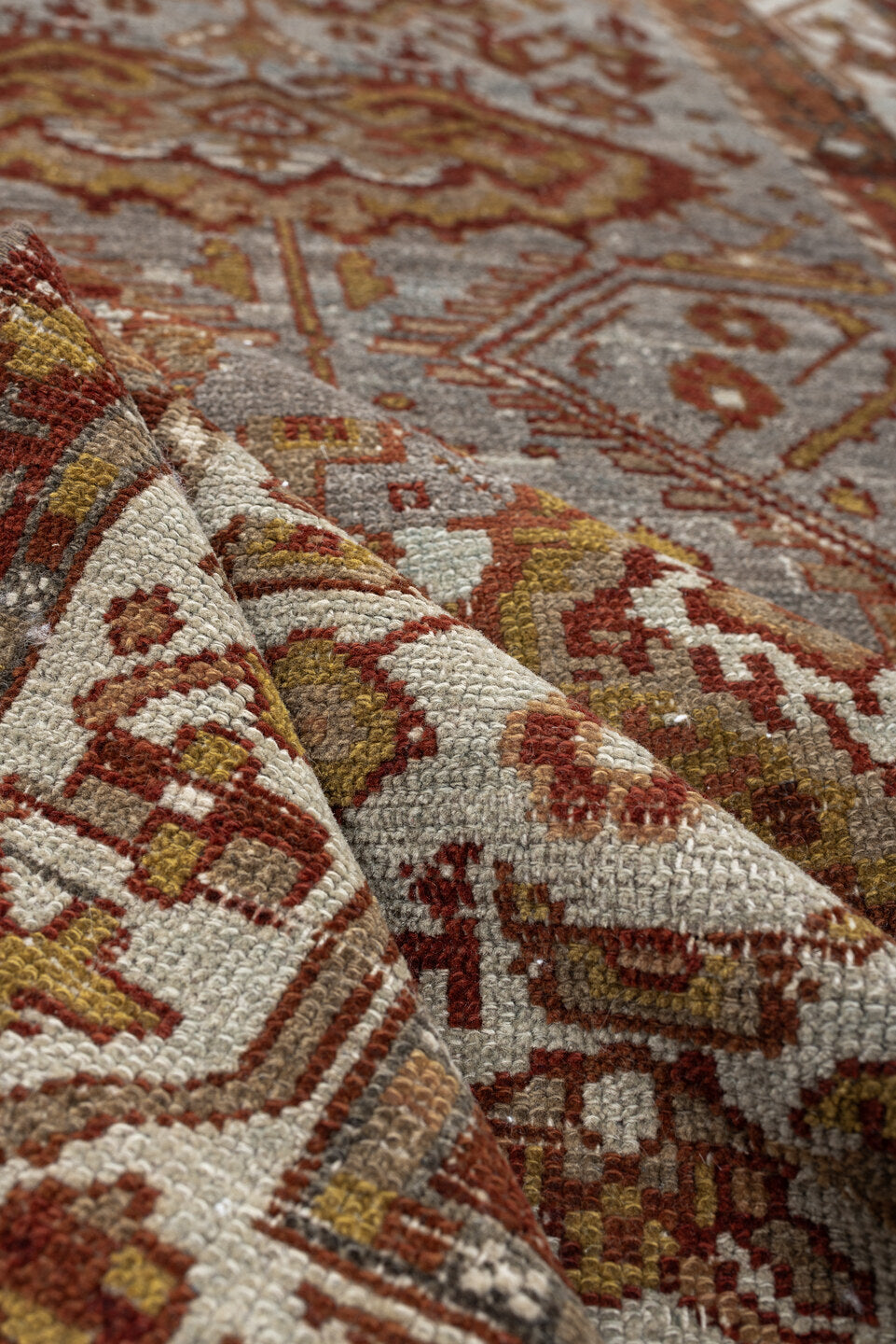 3' x 11' one-of-a-kind handmade antique Malayer runner rug. Color palette: ivory, rust, blue gray, terracotta, camel, brown