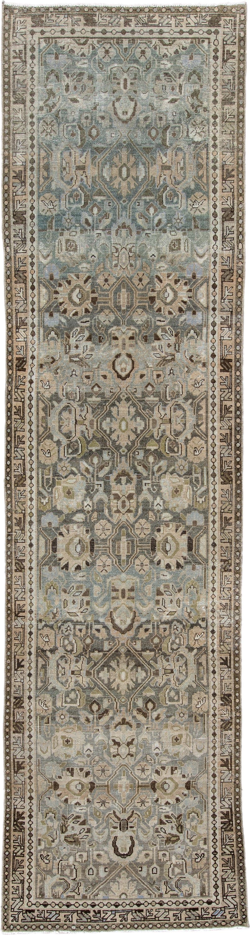 3' x 13' one-of-a-kind handmade antique Malayer runner rug. Color palette: blue gray, ivory, taupe, charcoal, sage, camel