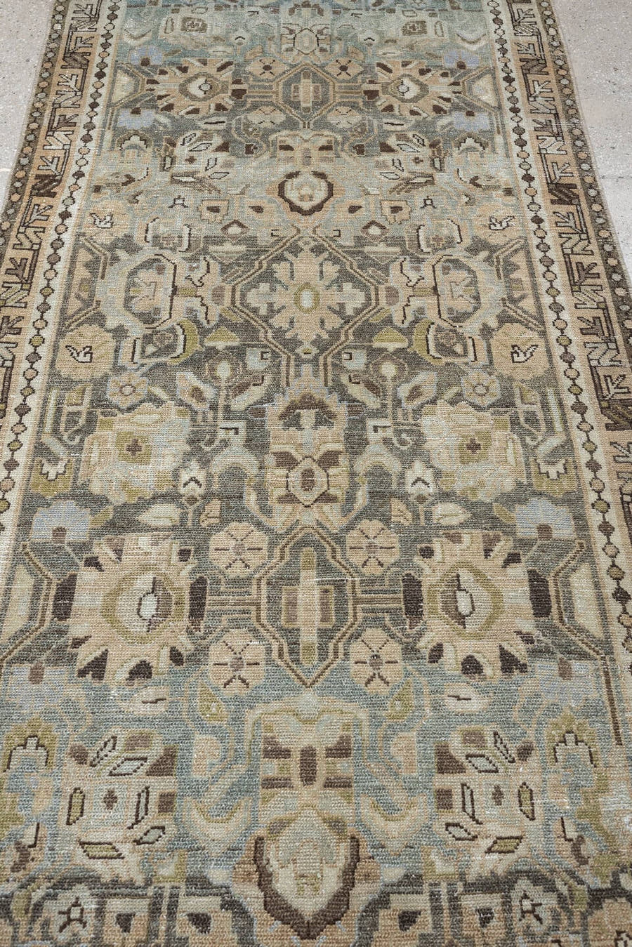 3' x 13' one-of-a-kind handmade antique Malayer runner rug. Color palette: blue gray, ivory, taupe, charcoal, sage, camel