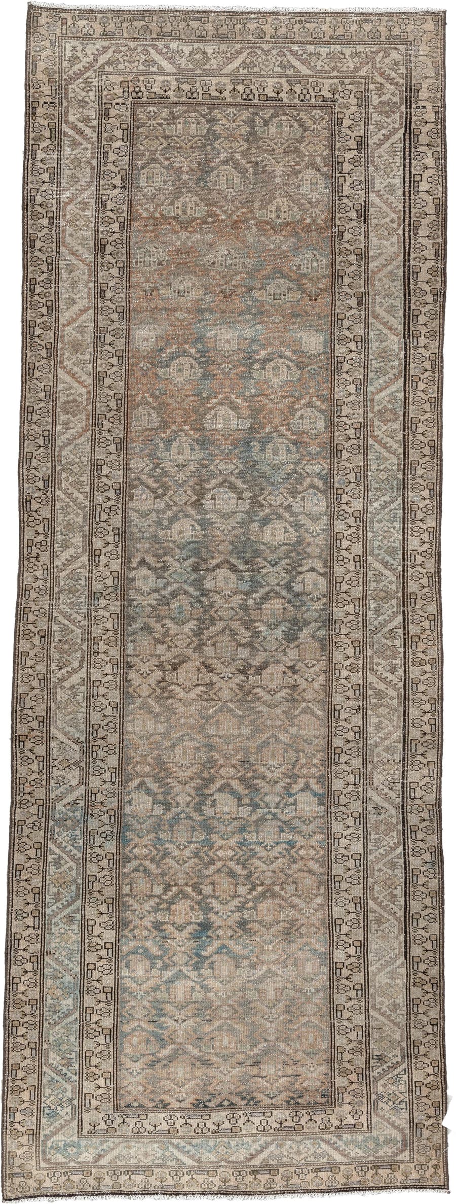 3' x 9' one-of-a-kind handmade antique Malayer runner rug. Color palette: taupe, ivory, blue gray, charcoal, terracotta
