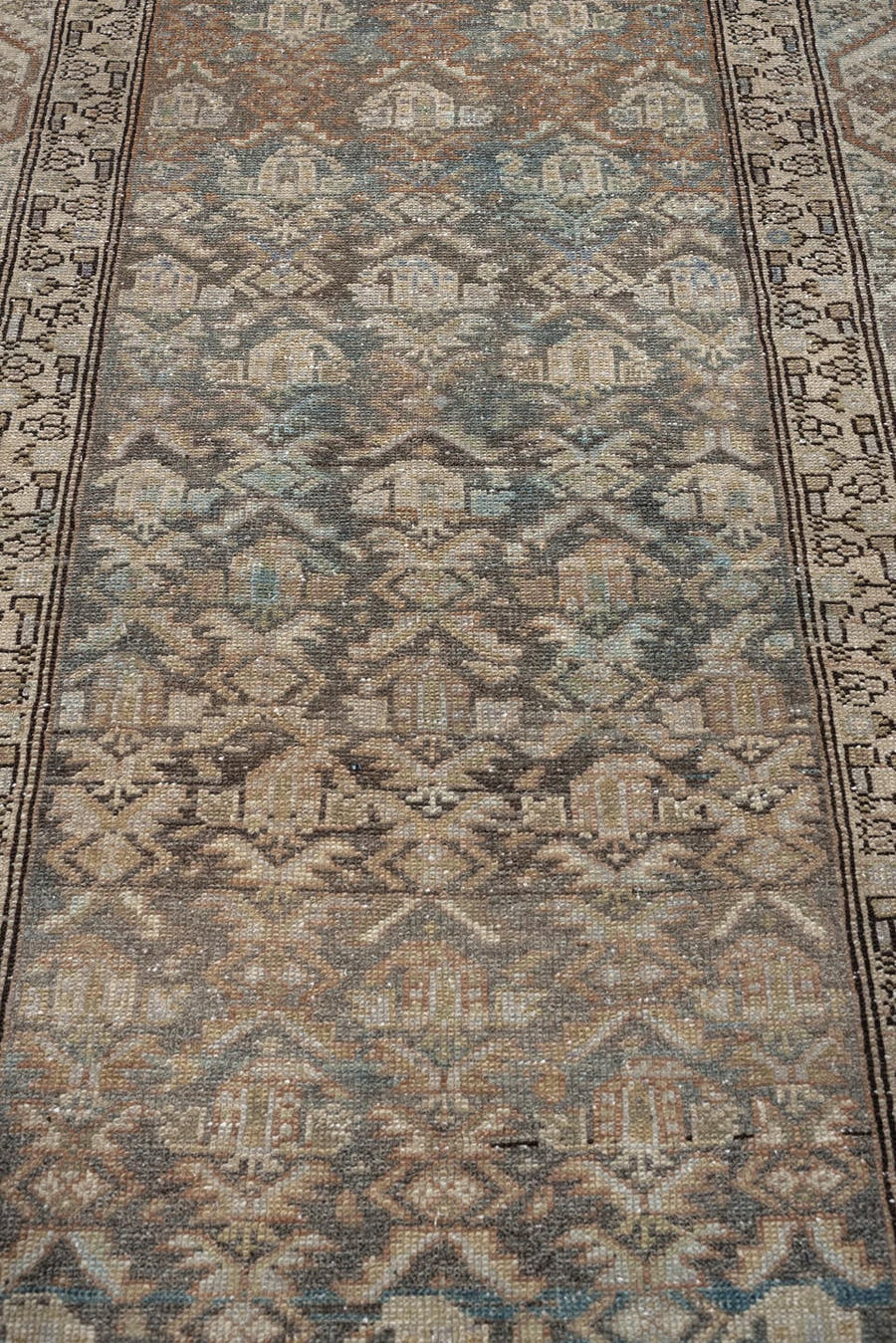 3' x 9' one-of-a-kind handmade antique Malayer runner rug. Color palette: taupe, ivory, blue gray, charcoal, terracotta