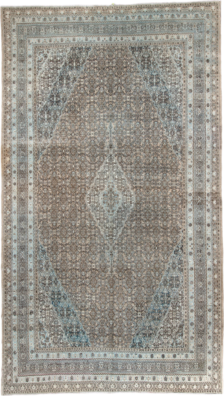 10' x 18' one-of-a-kind handmade antique Bibikabad oversize rug. Color palette: taupe, ivory, pale blue, blue gray, charcoal
