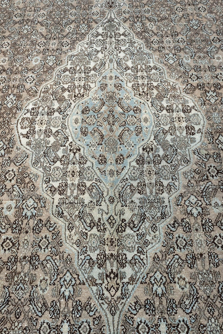 10' x 18' one-of-a-kind handmade antique Bibikabad oversize rug. Color palette: taupe, ivory, pale blue, blue gray, charcoal
