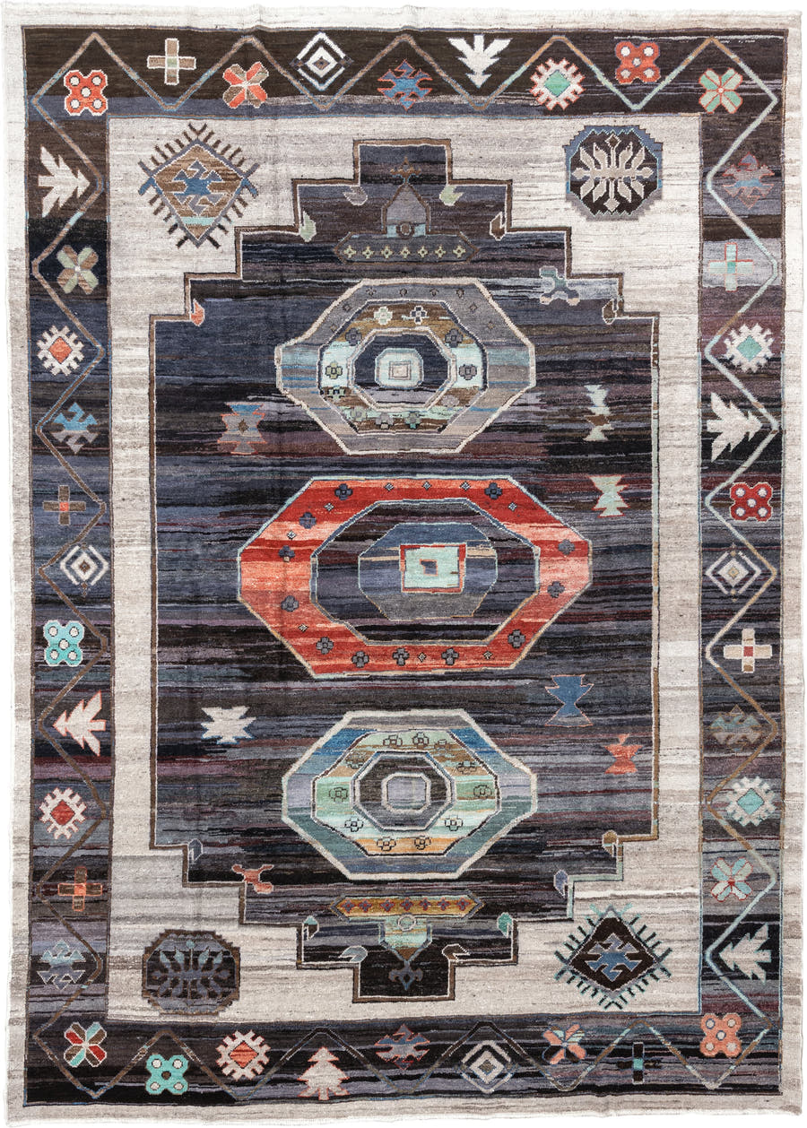 10' x 14' one-of-a-kind handmade vintage Kars large size rug. Color palette: charcoal, ivory, coral, aqua, slate, taupe